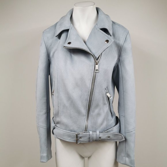 EUC H&M Suede Sky Blue Jacket Size 8 Moto Style Medium - Picture 1 of 6
